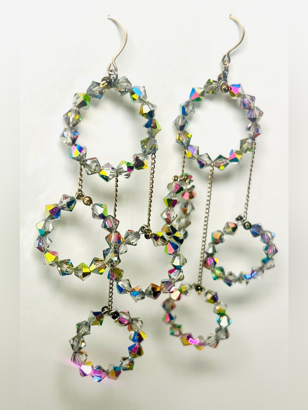 Multi-Color Aurora Borealis Drop Earrings - Iridescent Hoop Chandelier - Vintage